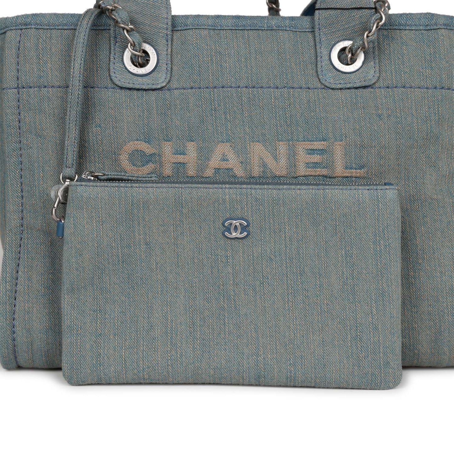 Chanel Small Deauville Shopping Tote Distressed Blue Denim Aged Silver Hardware
