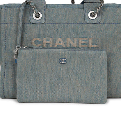 Chanel Small Deauville Shopping Tote Distressed Blue Denim Aged Silver Hardware