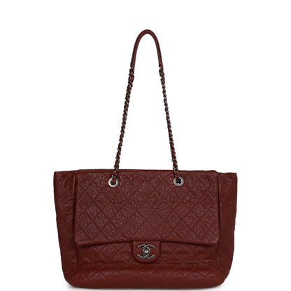 Chanel Large Duo Tote Bag Burgundy Calfskin Ruthenium Hardware