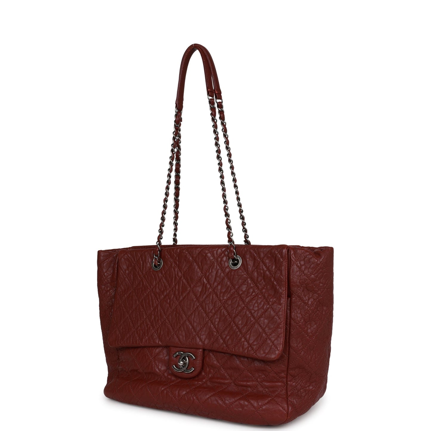 Chanel Large Duo Tote Bag Burgundy Calfskin Ruthenium Hardware