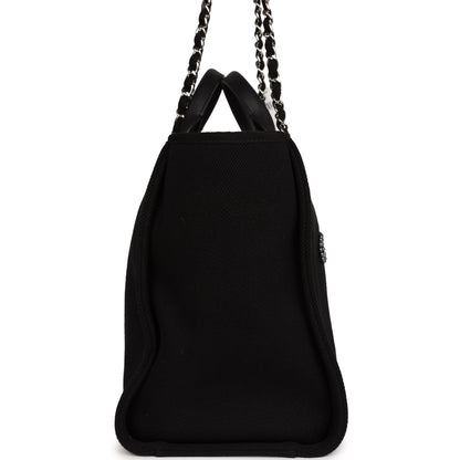 Chanel Large Deauville Shopping Tote Black Canvas Silver Hardware