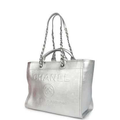 Chanel Medium Deauville Shopping Tote Metallic Silver Shiny Calfskin Silver Hardware