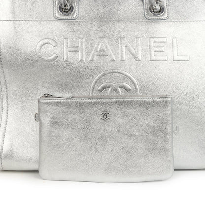 Chanel Medium Deauville Shopping Tote Metallic Silver Shiny Calfskin Silver Hardware