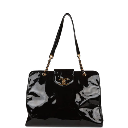 Chanel Vintage Supermodel Weekender Tote Bag Black Patent Gold Hardware