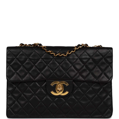 Chanel Vintage XL Jumbo Flap Bag Black Lambskin Gold Hardware
