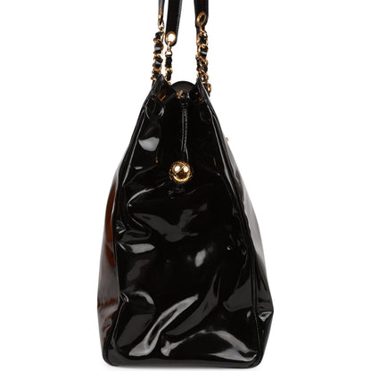 Chanel Vintage Supermodel Weekender Tote Bag Black Patent Gold Hardware