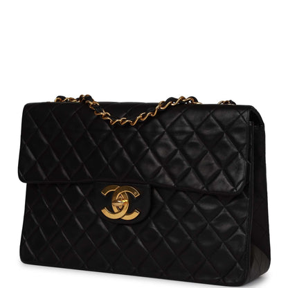 Chanel Vintage XL Jumbo Flap Bag Black Lambskin Gold Hardware