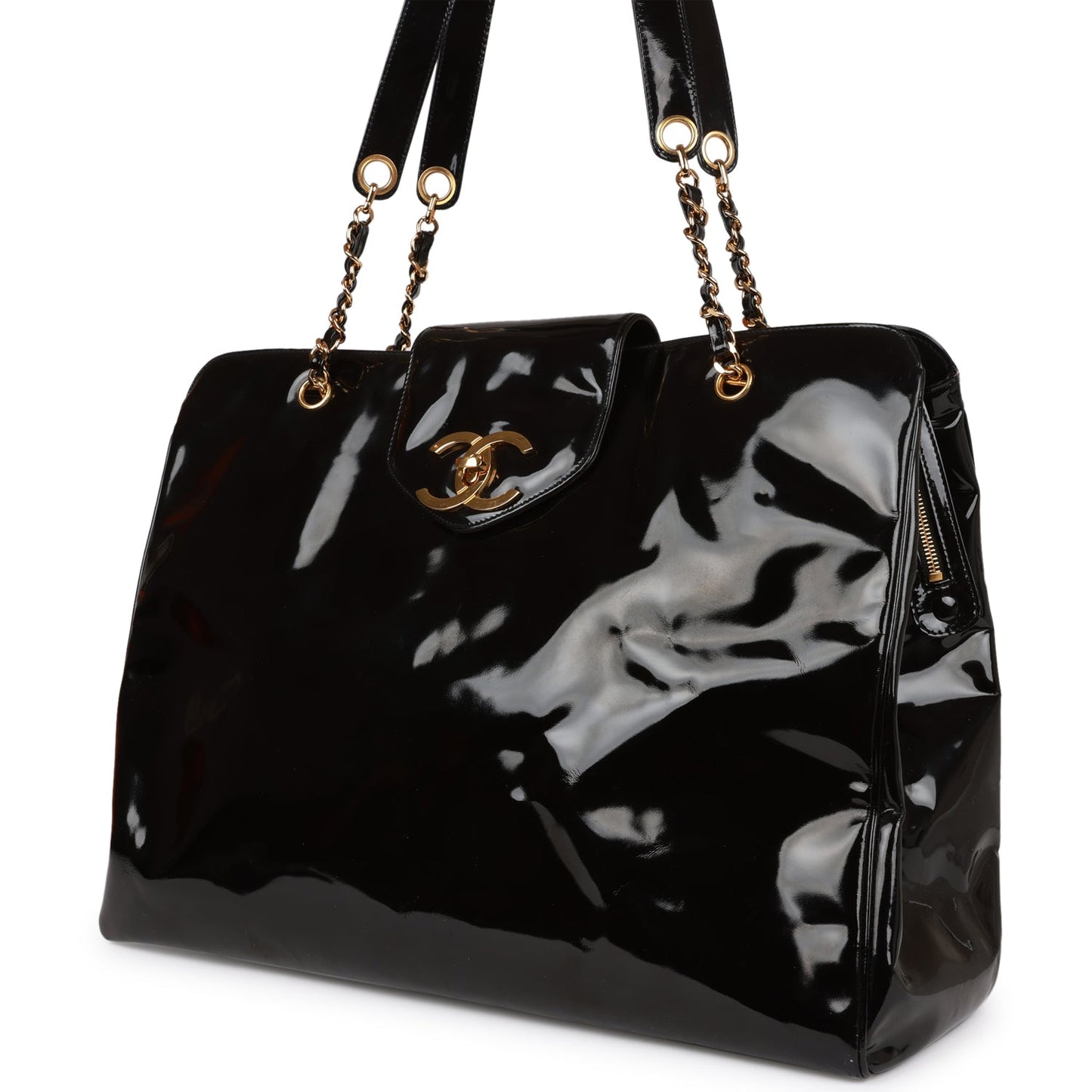 Chanel Vintage Supermodel Weekender Tote Bag Black Patent Gold Hardware