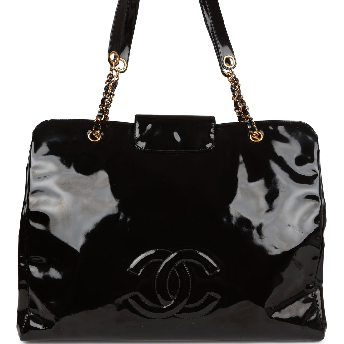 Chanel Vintage Supermodel Weekender Tote Bag Black Patent Gold Hardware
