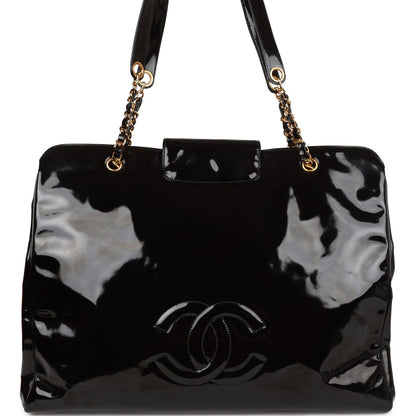 Chanel Vintage Supermodel Weekender Tote Bag Black Patent Gold Hardware