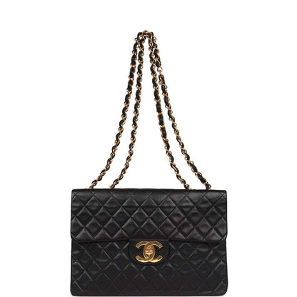 Chanel Vintage XL Jumbo Flap Bag Black Lambskin Gold Hardware