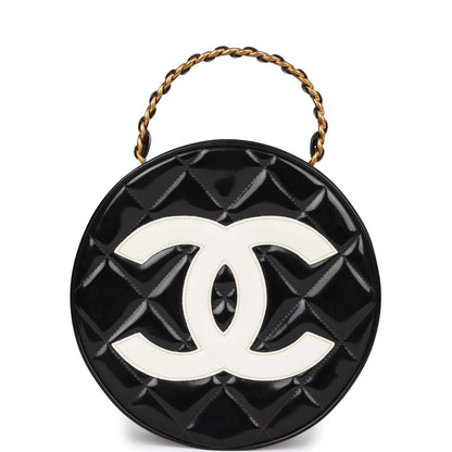 Chanel Vintage Round Vanity Bag Black and White Patent Leather Antique Gold Hardware