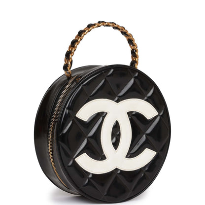Chanel Vintage Round Vanity Bag Black and White Patent Leather Antique Gold Hardware