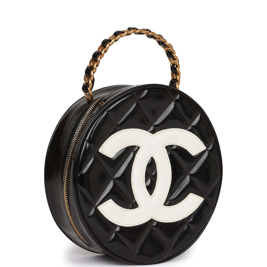 Chanel Vintage Round Vanity Bag Black and White Patent Leather Antique Gold Hardware