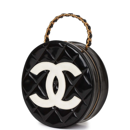 Chanel Vintage Round Vanity Bag Black and White Patent Leather Antique Gold Hardware