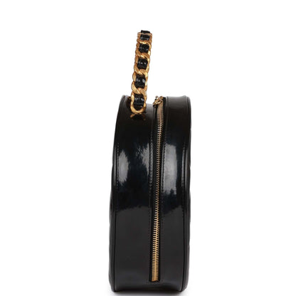 Chanel Vintage Round Vanity Bag Black and White Patent Leather Antique Gold Hardware