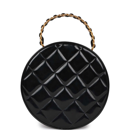 Chanel Vintage Round Vanity Bag Black and White Patent Leather Antique Gold Hardware
