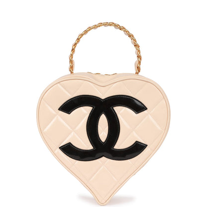 Chanel Vintage Heart Vanity Bag Beige and Black Patent Antique Gold Hardware