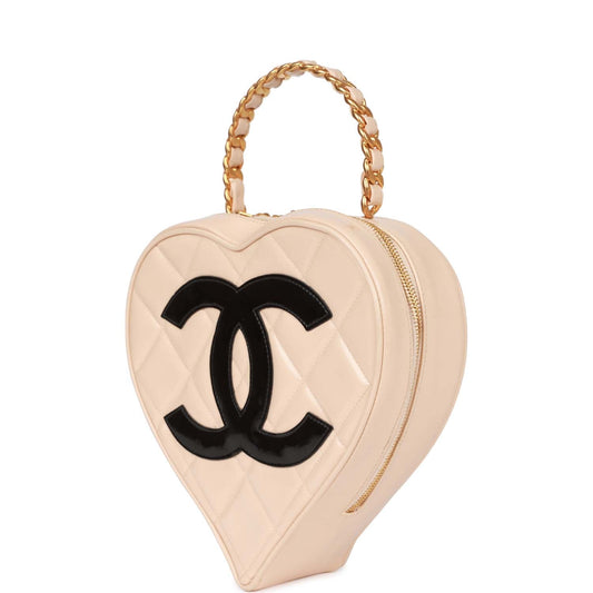 Chanel Vintage Heart Vanity Bag Beige and Black Patent Antique Gold Hardware