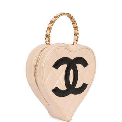 Chanel Vintage Heart Vanity Bag Beige and Black Patent Antique Gold Hardware