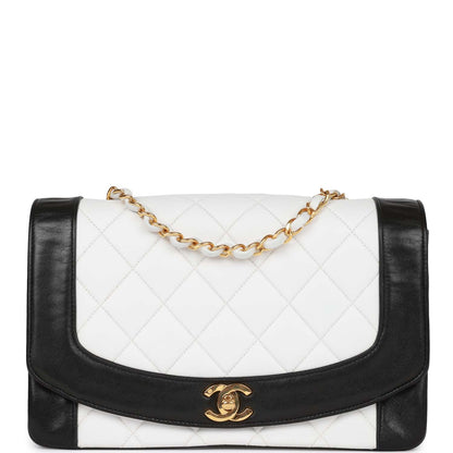 Chanel Vintage Medium Diana Flap Bag White and Black Lambskin Gold Hardware