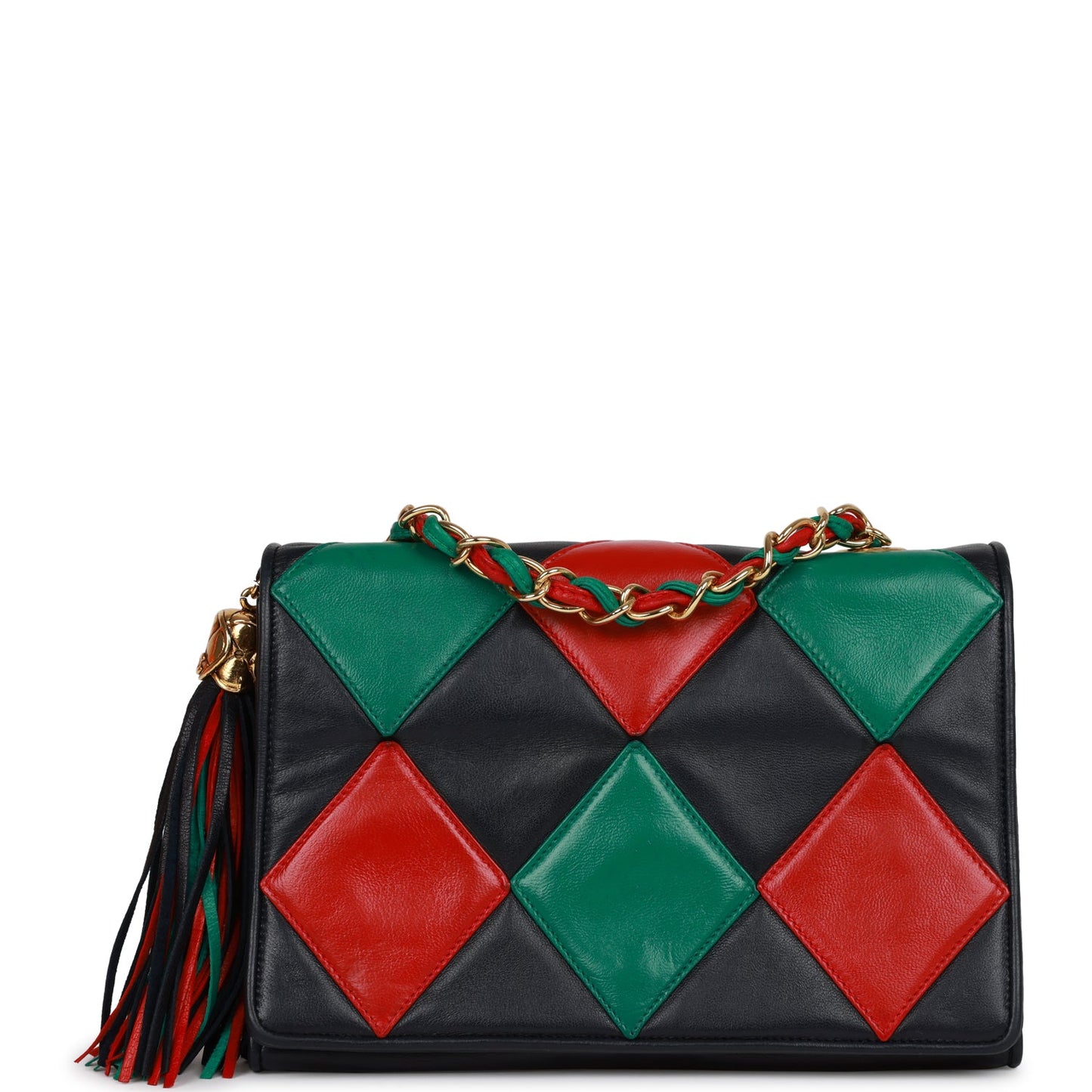 Chanel Vintage Harlequin Flap Bag Green, Red and Blue Lambskin Gold Hardware