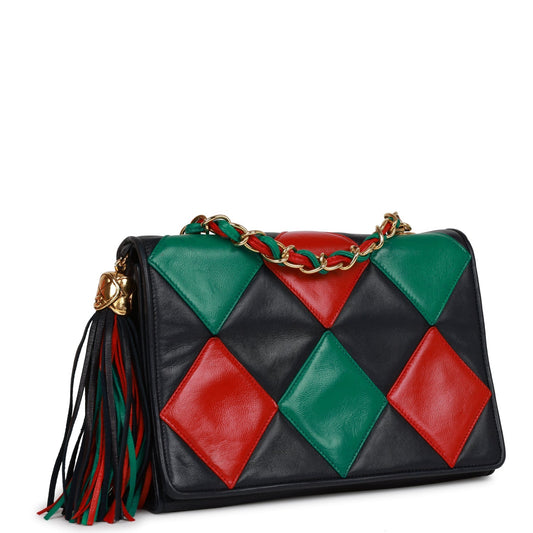 Chanel Vintage Harlequin Flap Bag Green, Red and Blue Lambskin Gold Hardware