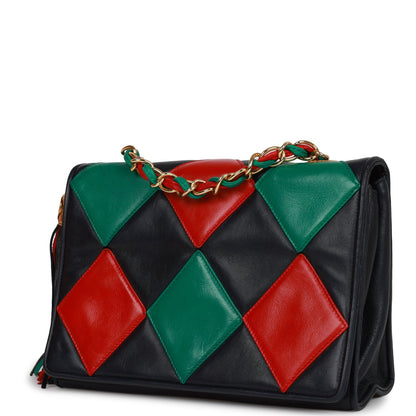 Chanel Vintage Harlequin Flap Bag Green, Red and Blue Lambskin Gold Hardware