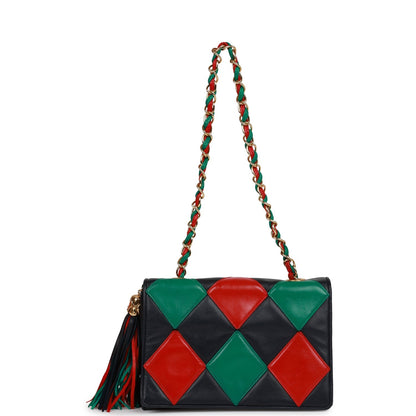 Chanel Vintage Harlequin Flap Bag Green, Red and Blue Lambskin Gold Hardware