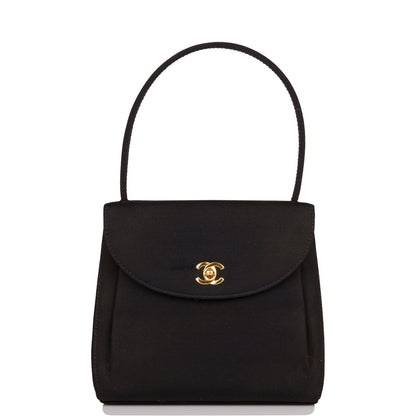 Chanel Vintage Mini Kelly Bag Black Satin Gold Hardware