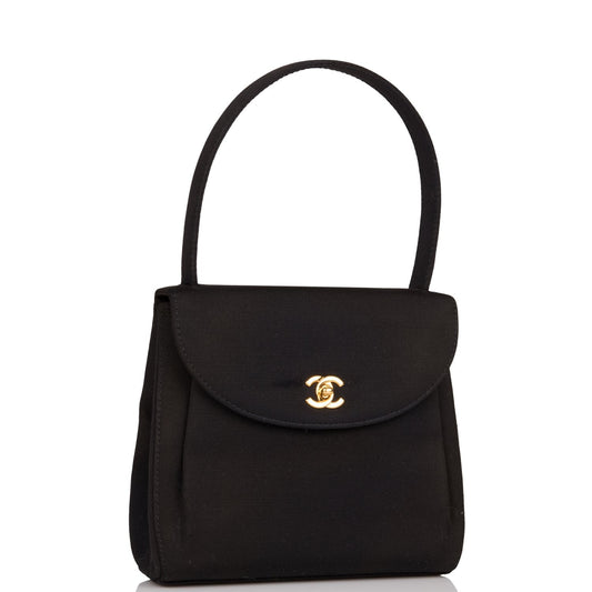 Chanel Vintage Mini Kelly Bag Black Satin Gold Hardware