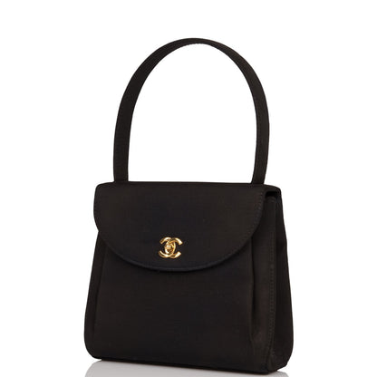 Chanel Vintage Mini Kelly Bag Black Satin Gold Hardware