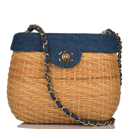 Chanel Vintage Basket Bag Denim and Wicker Gold Hardware