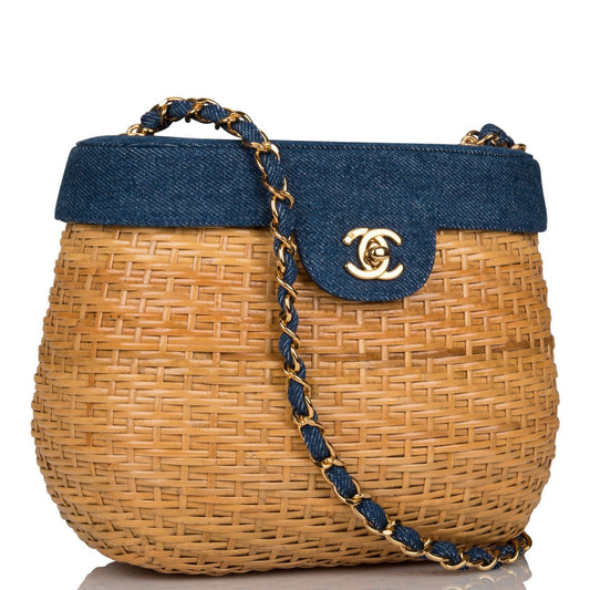 Chanel Vintage Basket Bag Denim and Wicker Gold Hardware
