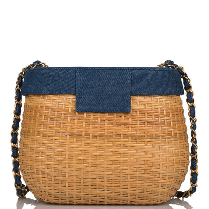 Chanel Vintage Basket Bag Denim and Wicker Gold Hardware