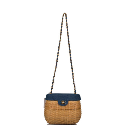 Chanel Vintage Basket Bag Denim and Wicker Gold Hardware