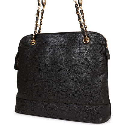Chanel Vintage Triple CC Tote Bag Black Caviar Gold Hardware
