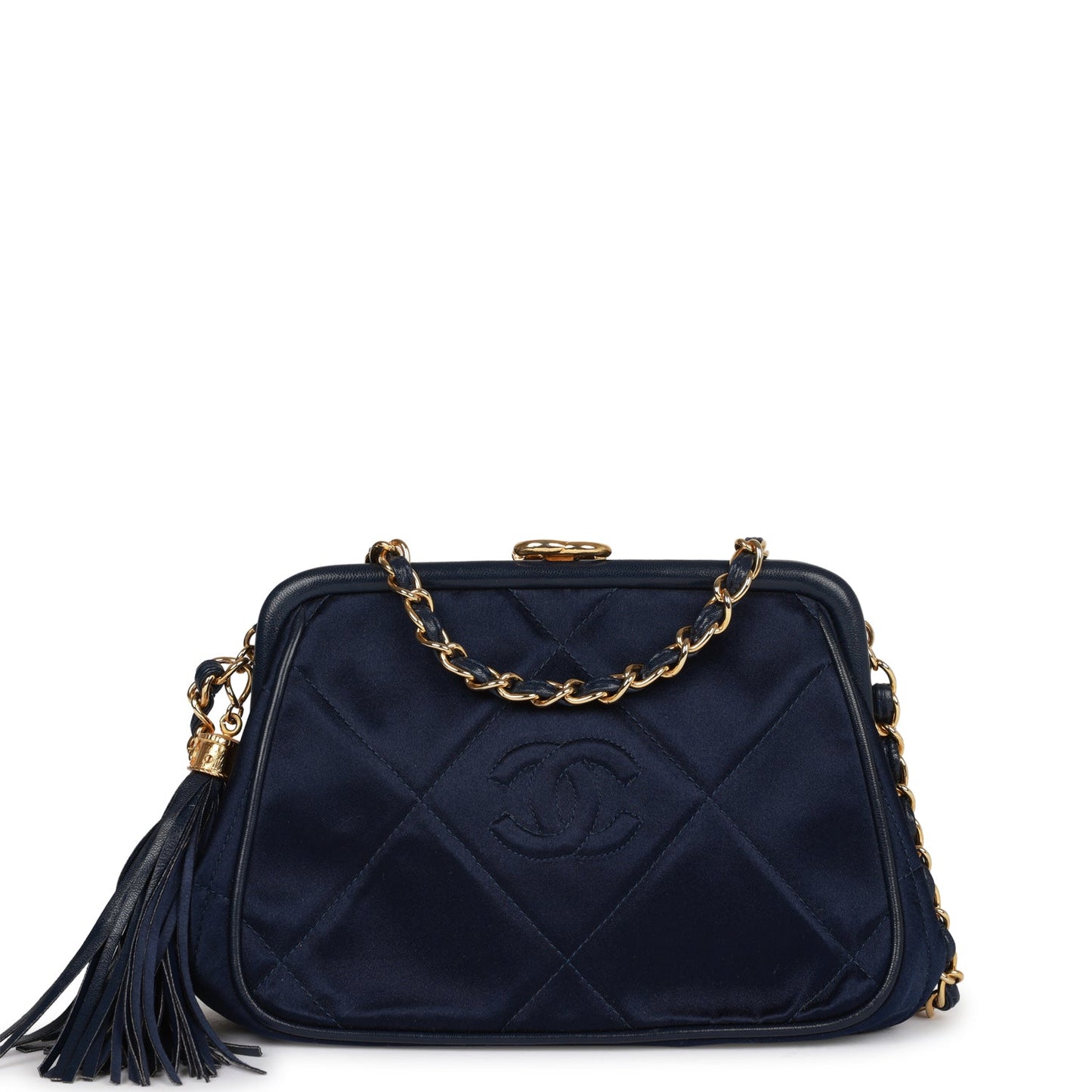 Chanel Vintage Frame Tassel Bag Navy Satin Gold Hardware
