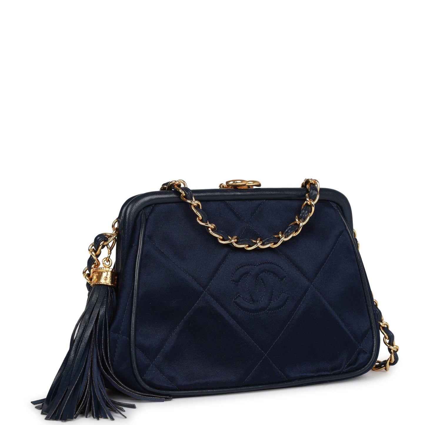 Chanel Vintage Frame Tassel Bag Navy Satin Gold Hardware
