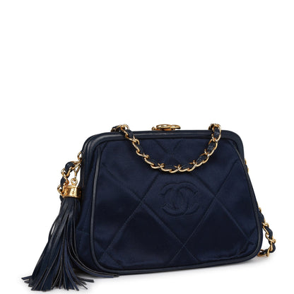 Chanel Vintage Frame Tassel Bag Navy Satin Gold Hardware