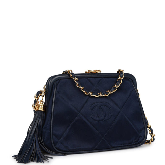 Chanel Vintage Frame Tassel Bag Navy Satin Gold Hardware
