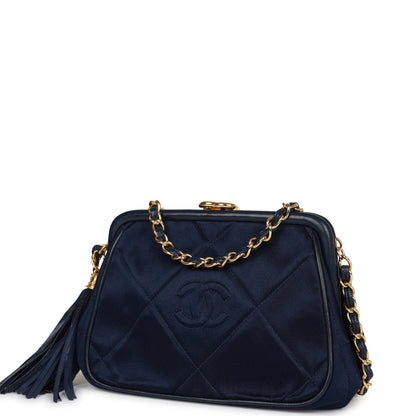 Chanel Vintage Frame Tassel Bag Navy Satin Gold Hardware