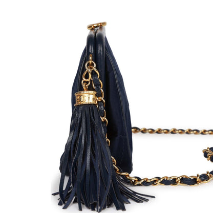 Chanel Vintage Frame Tassel Bag Navy Satin Gold Hardware