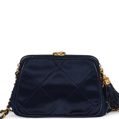 Chanel Vintage Frame Tassel Bag Navy Satin Gold Hardware