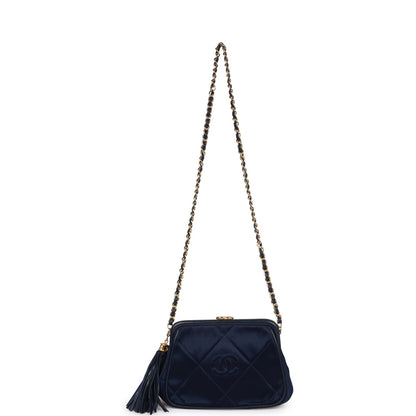 Chanel Vintage Frame Tassel Bag Navy Satin Gold Hardware