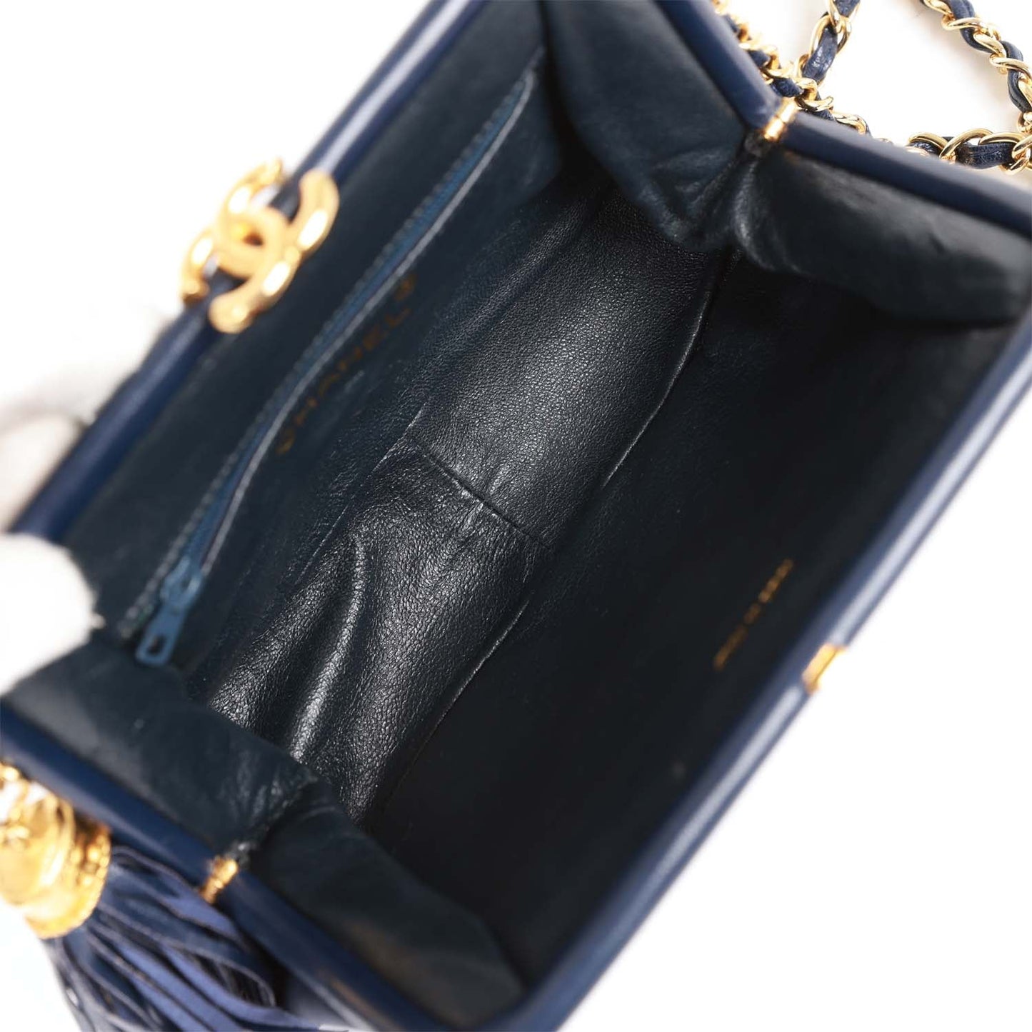 Chanel Vintage Frame Tassel Bag Navy Satin Gold Hardware