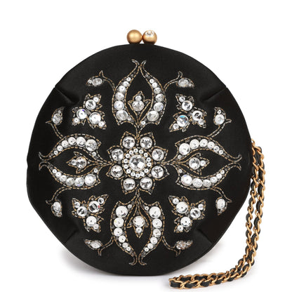 Chanel Vintage Clutch Bag Black Satin Embellished Antique Gold Hardware