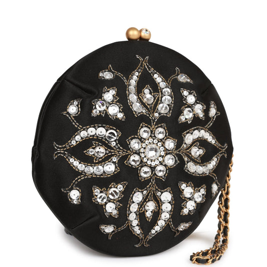 Chanel Vintage Clutch Bag Black Satin Embellished Antique Gold Hardware