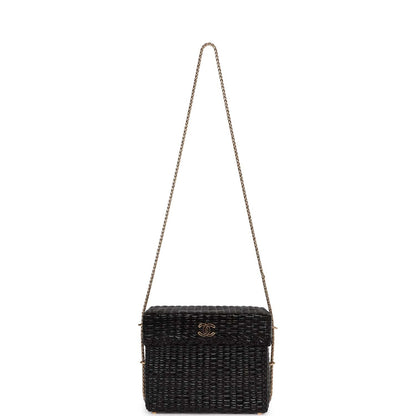 Chanel Vintage Wicker Picnic Basket Bag Black Gold Hardware