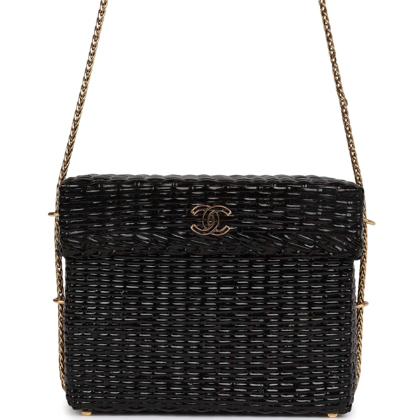 Chanel Vintage Wicker Picnic Basket Bag Black Gold Hardware